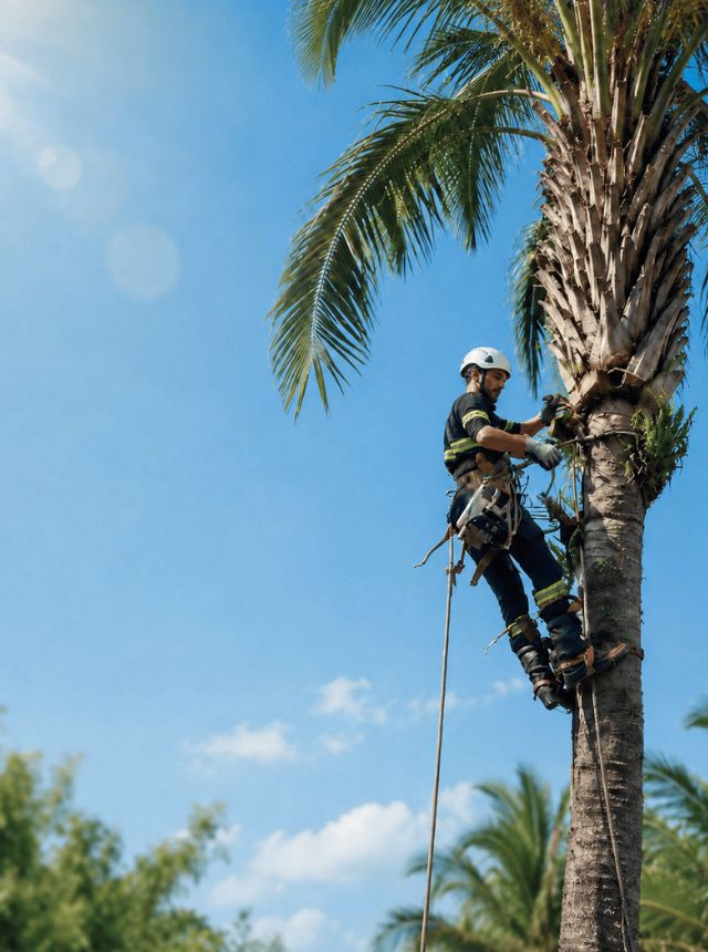 Arborista da Piuco Podas escalando uma palmeira com corda, cinto paraquedista e perneira de proteção